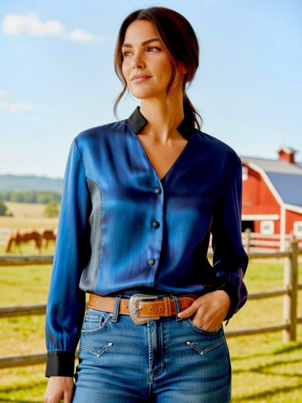 Vintage Banjo Irridescent Blue & Black Long Sleeve Western Shirt Size 2XL EUC